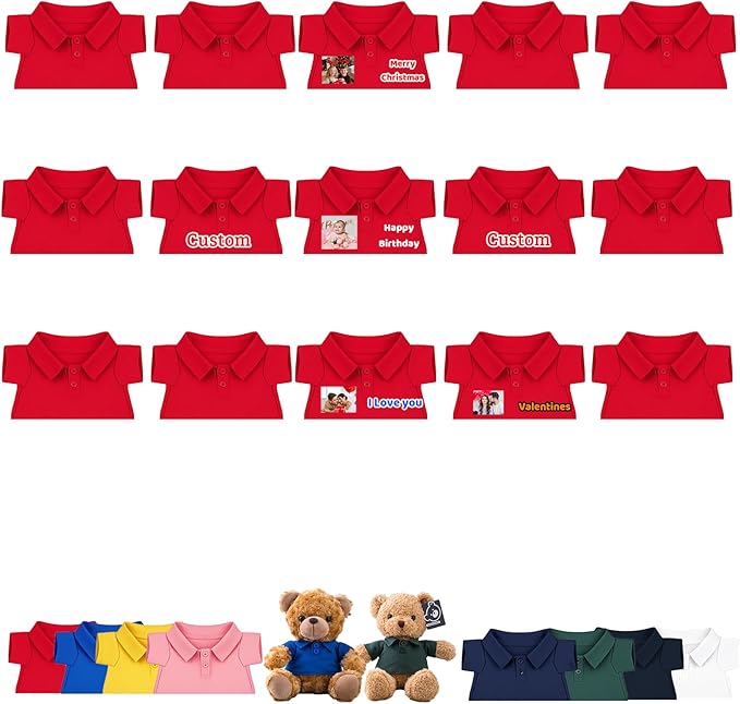 15 Pcs Personalized Teddy Bear Clothes with Name Photo, Custom Stuffed Animal Clothing Fit 8-16 inch Bears Clothes for Stuffed Animals, Doll Clothing Make Your Own Plush Doll Shirt