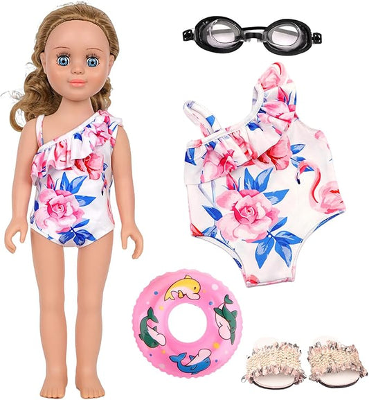 Doll Swimsuit Set for 18-Inch Doll, 7 Pcs Doll Swimming Accessories, 18-Inch Doll Bathing Suit Set, Fashion Doll Water Play Set, Doll Swimsuit, Goggles, Flip-Flops and Inflatable Swim Ring
