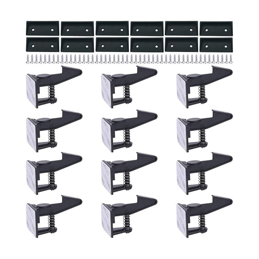 Cabinet Locks Child Safety Latches - OKEFAN 12 Pack Baby Proofing Cabinets Drawer Lock Adhesive Latch for Kids Proof Drawers No Drilling Tools Needed (Black)