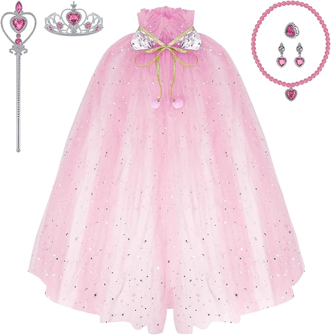 Princess Dress Up Clothes, 7pcs Princess Cape Crown with Wand for Girls 3-8 Years Toddler Princess Dress Up for Birthday Gift