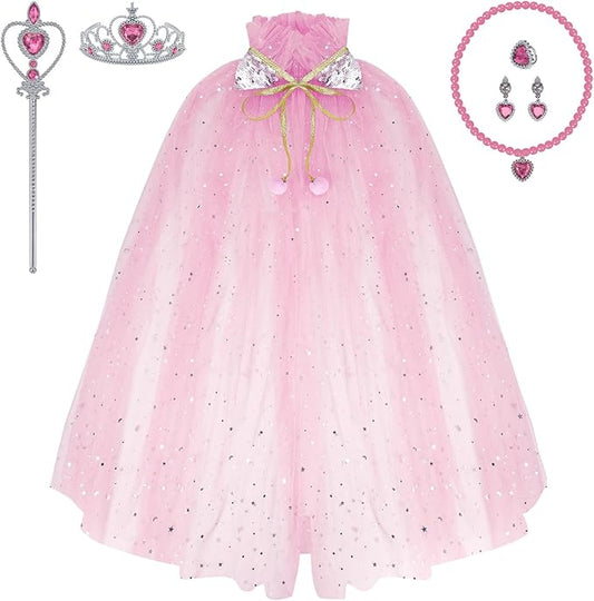 Princess Dress Up Clothes, 7pcs Princess Cape Crown with Wand for Girls 3-8 Years Toddler Princess Dress Up for Birthday Gift
