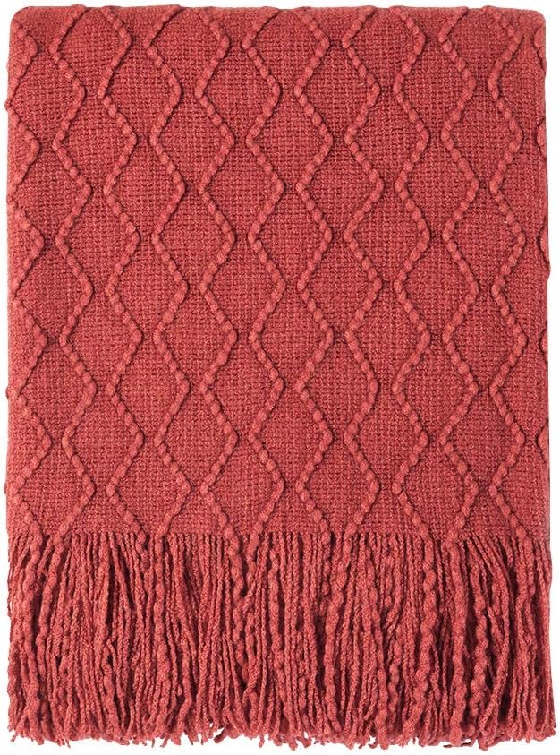 BOURINA Rust Throw Blanket 50x60 Inch Boho Knitted Soft Throw Sofa Blanket | Knitted Throw Blanket 50x60 Inches, Soft Lightweight Boho Weave Throw Decorative Couch Blanket for Living Room Bedroom Chair