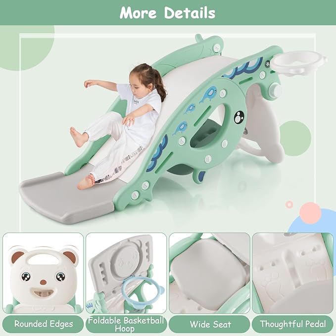 Costzon 4 in 1 Toddler Slide Rocking Toy, Slide for Kids with Basketball Hoop and Ring Game, Rocking Horse, Foldable Climber Playground Slide for Both Indoors Outdoor Use (Green Ocean)