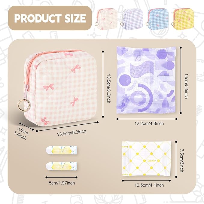 Period Bag for Teen Girls, Quilted Sanitary Napkin Storage Bag, Cute Bow Tie Menstrual Pad Pouch Tampon Holder (Plaid Pink)