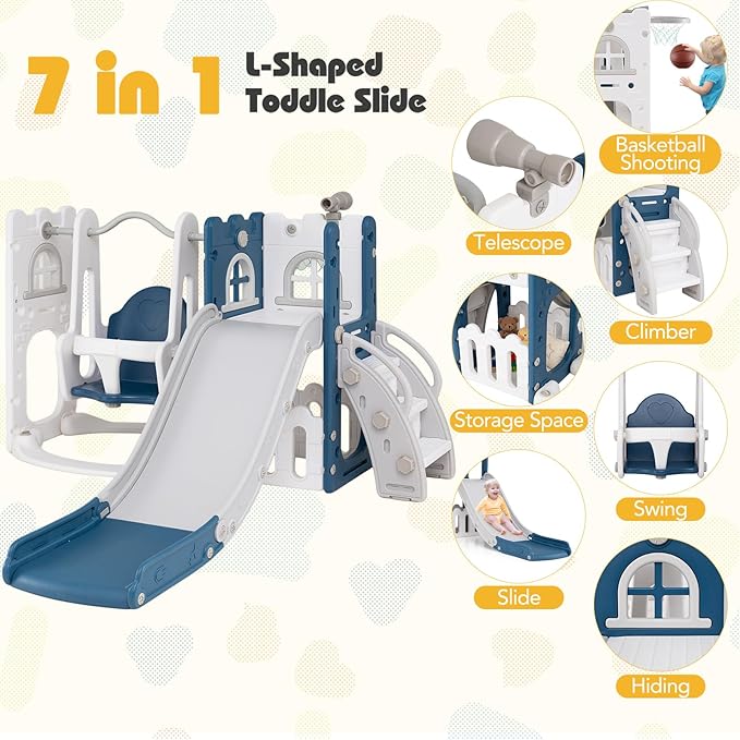 Costzon 7 in 1 Toddle Swing and Slide Set, Freestanding Toddler Slide Playset w/Swing, Basketball Hoop, Kids Slide for Toddler Age 1-3 Playground w/Storage Space, Gifts for Boys Girls (Blue House)