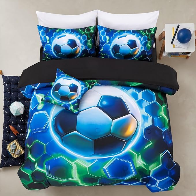 A Nice Night Twin Size 6 Pieces Football Comforter Set for Boys Girls Kids Geometric Lightweight Bedding Sets Bed in A Bag for All Seasons,Bluegreen