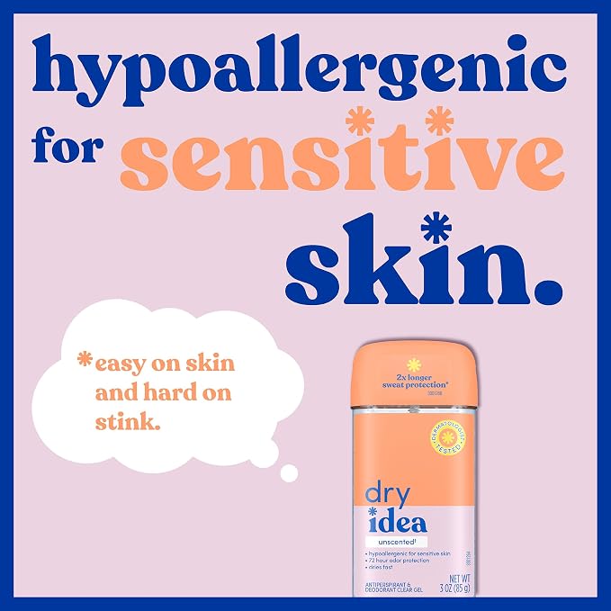 Dry Idea Gel Deodorant & Antiperspirant for Women - Hypoallergenic for Sensitive Skin, 2X Longer Sweat Protection*, 72Hr Odor Protection, Unscented, Womens Deodorant, 3 oz (Pack of 6)