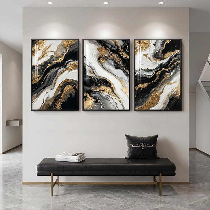 Large Framed Modern Abstract Luxury Wall Art Set, 3 Piece 24x36 In | Black white gold wall prints, Elegant marble pattern pictures, Living room bedroom dining room office wall decor