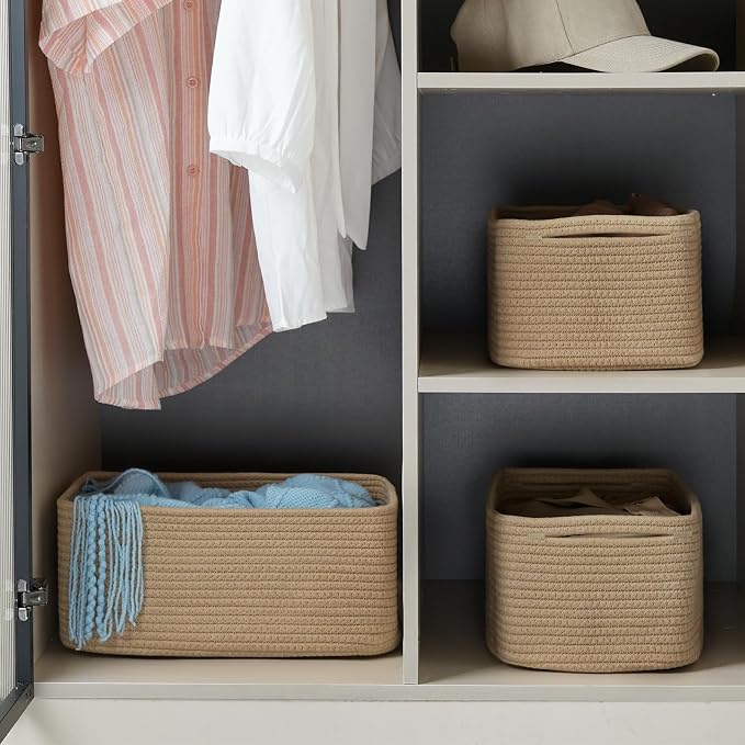 3 Pack Small Storage Baskets for Organizing, 11.8×7.8×5.1", Brown | Woven Baskets for shelves, Cotton Rope Basket for Gifts Empty, Closet Organizer Bins with Handles, Cube Decorative Box
