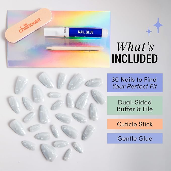 Chillhouse - Chill Tips, Press on Nails Kit - Something Blue (Oval) - 30 Nail Shapes & Sizes - Up to 2 Weeks of Wear - Customizable Fit - Reusable - Latina Founded, Women Owned - Beauty, Self Care