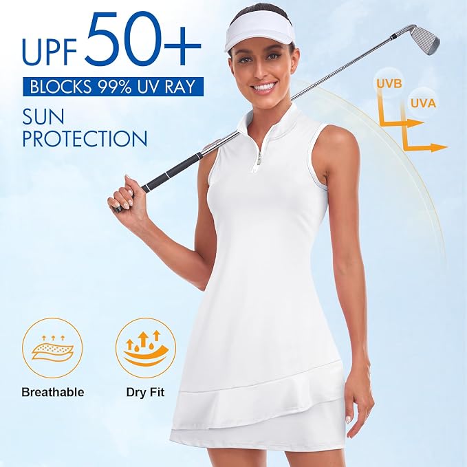 Viracy Tennis Dress for Women Sleeveless Golf Dresses with Shorts and Pockets Ruffle Zip Up Stand Collar Golf Outfits