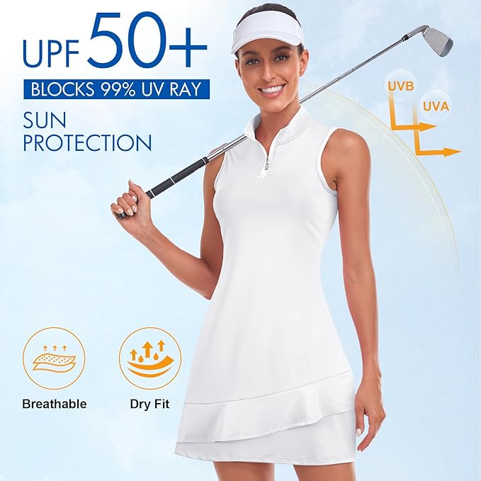 Viracy Tennis Dress for Women Sleeveless Golf Dresses with Shorts and Pockets Ruffle Zip Up Stand Collar Golf Outfits
