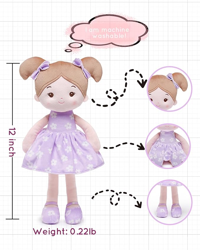 LeyaDoll Soft Baby Doll Toys (12''), My First Baby Rag Doll for 1 Year-Old Girl Birthday Gift, Leya Doll Christmas Plush Toys Gift for Toddler Kids Infants -FloraBelle(Purple)