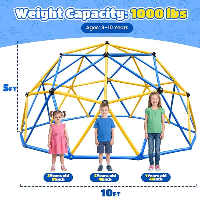 Zupapa 10FT Climbing Dome, Outdoor Jungle Gym for Kids with Climbing Grip - Geometric Dome Climber Supports 1000LBS Outdoor Playset and Easy Assembly Outdoor Play Equipment for Kids (Blue, 10FT)