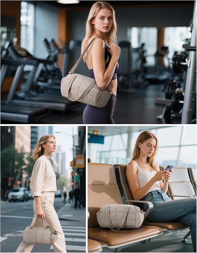 Noozion 12 Inch Mini Gym Bag for Women, Lightweight Quilted Crossbody Duffle Bag with Wet Pocket, Dual Side Pockets, Adjustable Strap, Small Workout Bag for Yoga, Pilates, Swimming & Daily Use