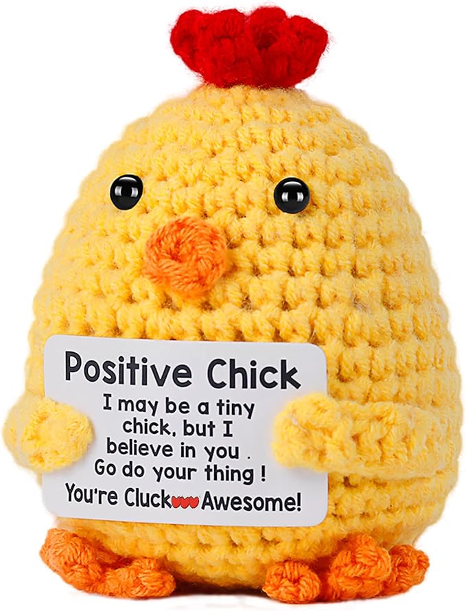 Positive Crochet Chicken, Handmade Emotional Support Animals Plush Cute Stuff, Funny Inspirational Friendship Stress Relief Birthday Graduation Gifts for Women Teens Girls Coworkers Friends