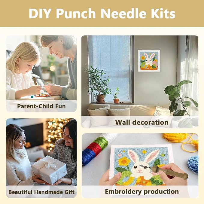 Doodlream Easter Rabbit Eggs DIY Punch Needle Embroidery Kit for Adult Beginner, 9.4" Cute Bunny Animal Punch Stitching Craft Set for Starter with Frame,Fabric Pattern,Threader, Yarn, Pinch Needle