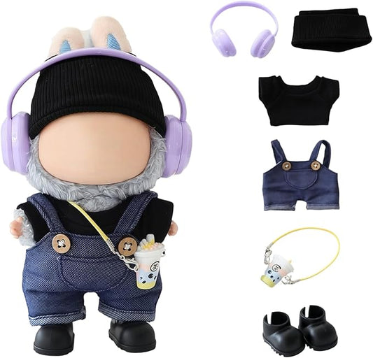 Clothes for Dolls Accessories, Stylish Kawaii Overalls Outfit Headphones Set 6 Pieces Suitable for 15cm 17cm Doll , Doll Hat Headset Boots Clothing Set Replacement