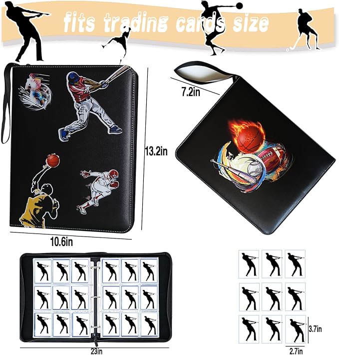Large Capacity Sports Card Binder with Zipper, 9 Pocket, Fits 900 Cards, Waterproof, Durable PU Leather Exterior