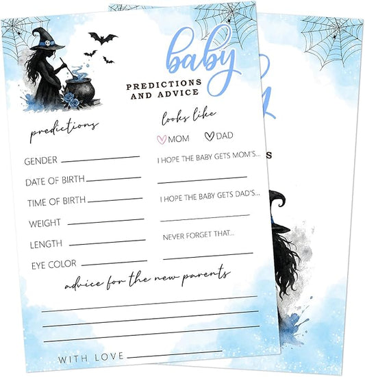 Hilarious Baby Shower Games, 25 Sets Halloween Baby Predictions, Blue Witch Gender Reveal Game Cards for Party Announcement Supplies - B02