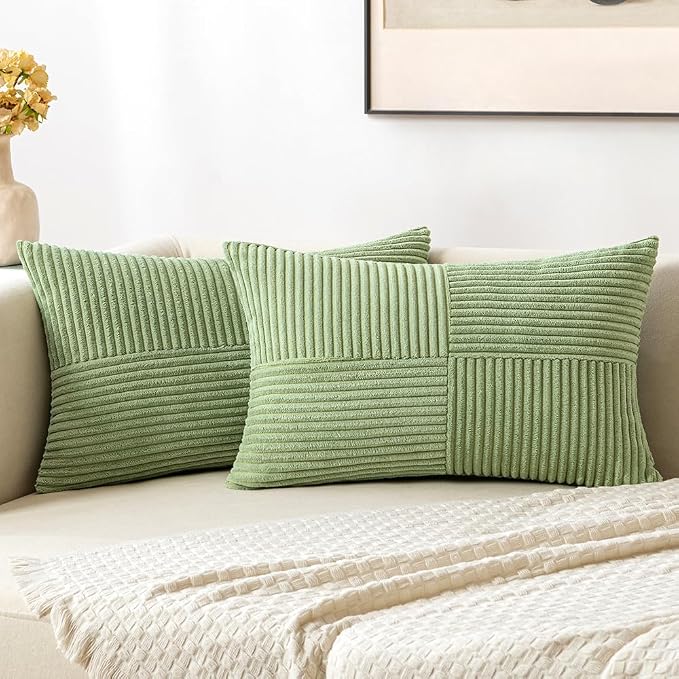 MIULEE Sage Green Decorative Lumbar Throw Pillow Covers 12x20 Inch 2 Pack | Boho Farmhouse Pillow Covers, Soft Cross Corduroy Patchwork Textured Cushion Cases For Bed Sofa