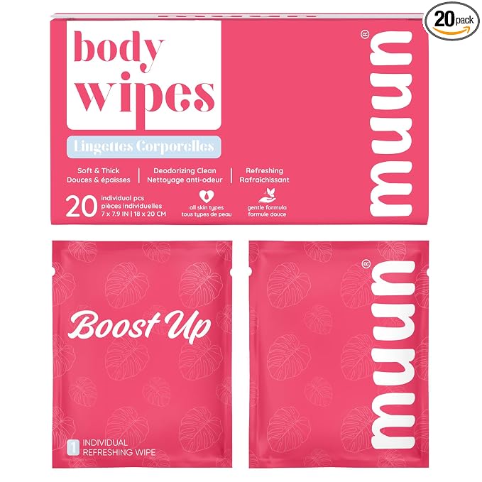 Muun Deodorant Body Wipes for Odor, 20 Count 18x20 cm Aluminum-Free Individual Wrapped Travel-Friendly Hygiene Personal Cleansing Wet Wipes for Intimate, Butt, Body