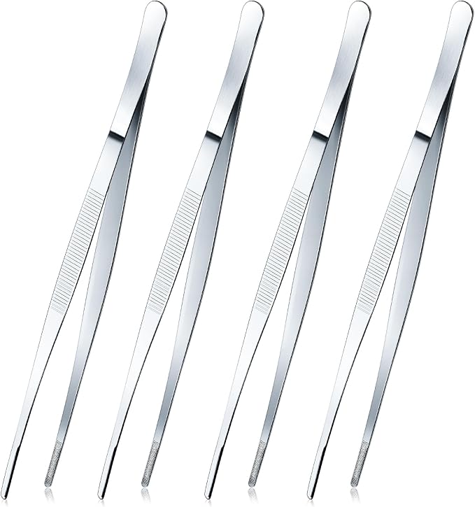 Yaomiao 4 Packs 10 Inch Bar Tweezers Silver Cocktail Tongs Long Garnish Tweezers Stainless Steel Bartender Kitchen Cooking Tongs for Cocktail Food Fruit Korean BBQ Bartender Chef, Multi-use