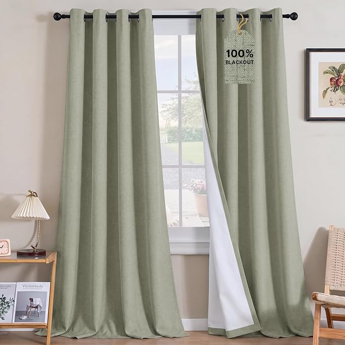 H.VERSAILTEX Linen Curtains 100% Blackout Curtains for Bedroom 120 inch Long Full Light Blocking Nature Linen Blended Window Curtains for Living Room Nickel Grommet (2 Panels, Heathered Tea)