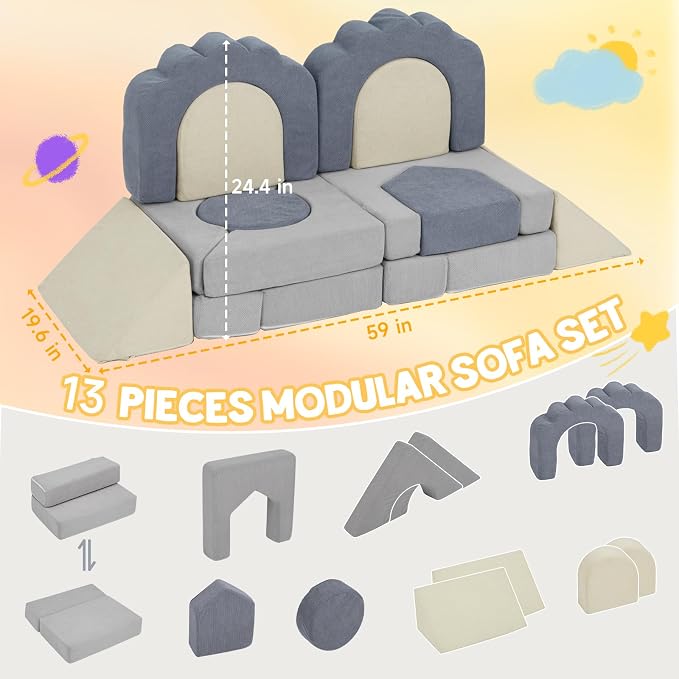 13 Pieces Foam Climbing Blocks for Toddlers|Kids Floral Soft Play Climbing for Indoor,Modular Crawing Toys with Washable Cover for Playroom,Bedroom and Preschool,Gray & Beige
