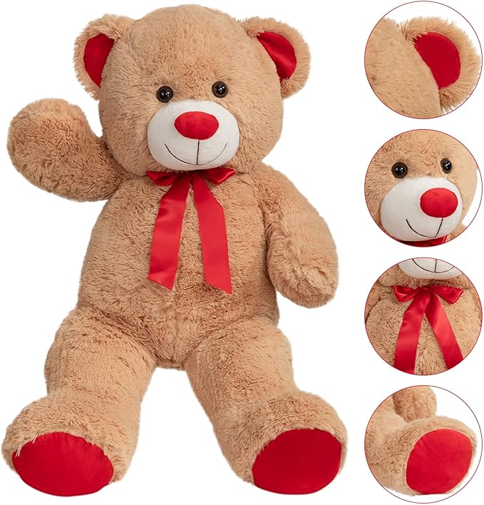 Big Teddy Bear Stuffed Animal Giant Teddy Bear Plush with Red Ribbon Bow Plush Toy Gift for Girlfriend Birde 36 inch Tan