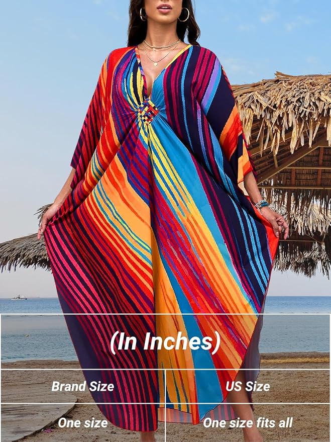 ChiaoLezhee Print Moo-Moos for Women, Kaftan Cover-Up Dresses, Sexy V-Neck High-Slit, Beach Pool-Party Coverups Muumuu Plus