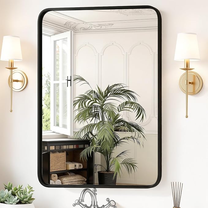 Sweetcrispy Bathroom Wall Mirror, 40x30 Inch Wall Mount Mirror for Over Sink, Modern Rounded Rectangle Vanity Mirrors with Matte Metal Framed, for Home Decor, Living Room, Bedroom, Black