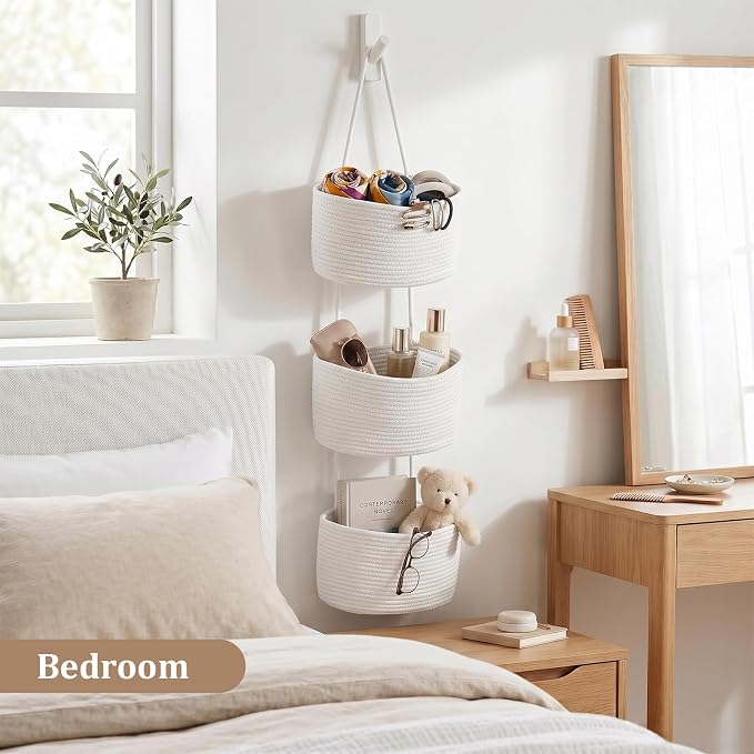 TeoKJ Over the Door Hanging Basket, 3-Tier Woven Cotton Wall-Mounted Storage Organizer Bag Decorative Hanging Nursery Baskets, White