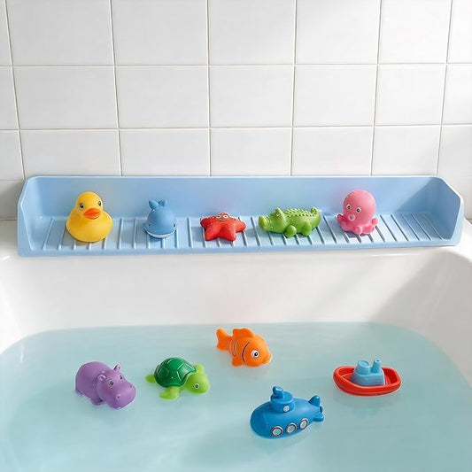 Bathtub Splash Guard for Kids - 31 Inch Silicone Tub Side Shelf with Strong Suction Cups, Toy Tray Holder to Prevent Water Spills, Keep Bathroom Dry (Light Blue)