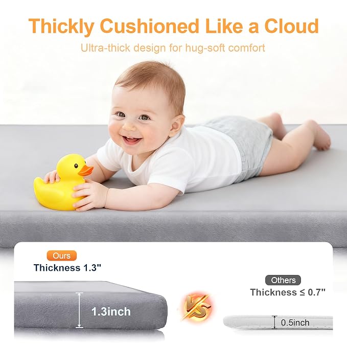 Ultra Soft Play Mat for Floor, 50"x50" Playpen Mat, 1.3" Thick Memory Foam, Non-Slip Tummy Time Mat for Infants, Toddlers, and Kids – Water-Repellent Coral Velvet, Easy Care