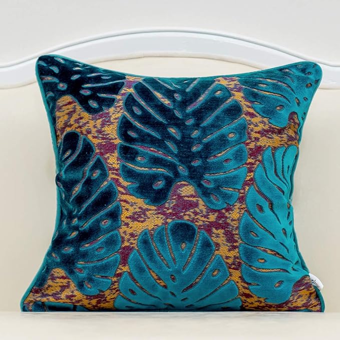 Alerfa 18 x 18 Inch Square Leaf Pillow Embroidery Cut Velvet Cushion Case Luxury Modern Lumbar Throw Pillow Cover Decorative Pillow for Couch Sofa Living Room Bedroom Car, Navy Blue