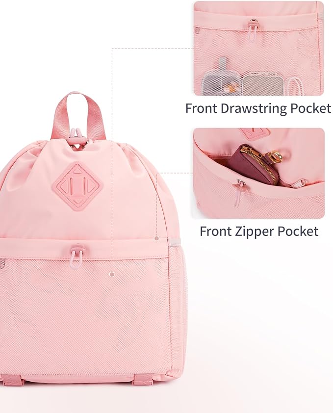 WANDF Drawstring Backpack for Women, Lightweight Gym Bag with Yoga Mat Strap, Water-Resistant String Backpack with Mesh Pocket (Pink, Patent Pending)