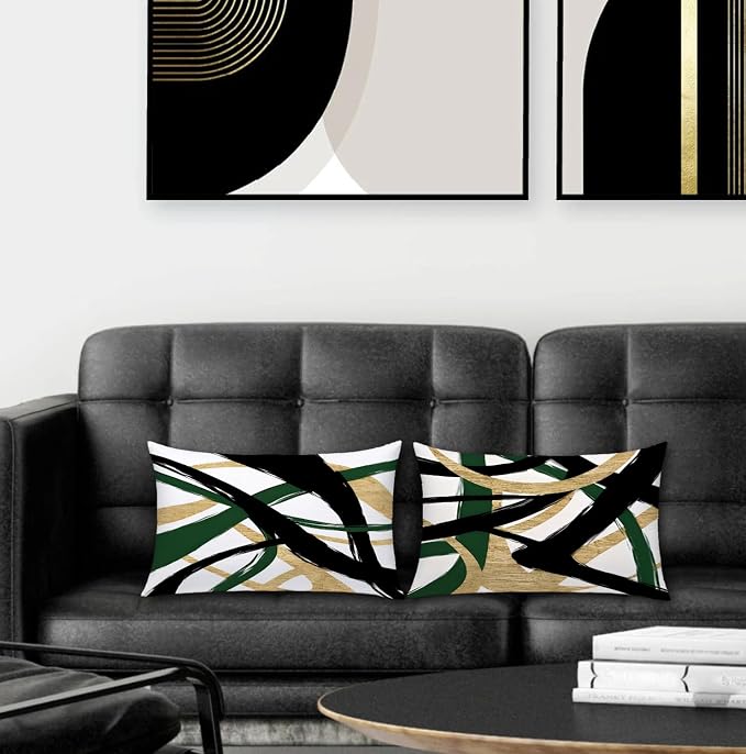 Black Gold and Green Pillow Covers, Abstract Black and Gold Pillow Covers 12x20 Set of 2, Modern Boho Decorative Throw Pillows Cover for Couch Bed Living Room
