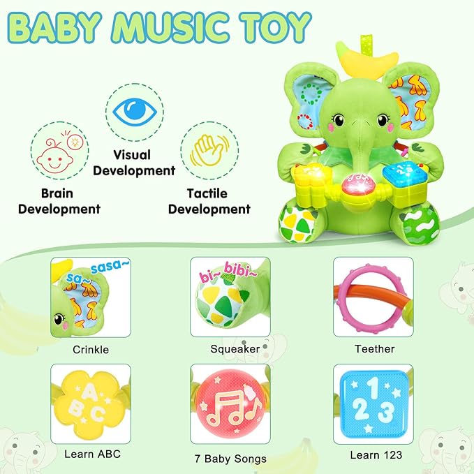 Baby Bilingual Musical Elephant Stuffed Animals Toys,Infant Early Learning Toy with Light-Up Music & Crinkle,Tummy Time Toys for 0 3 6 9 12+ Months for Baby Boy Girl Gift,Green