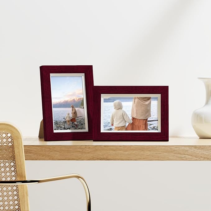 Vittanly 4x6 Picture Frames Set of 9 for Wall Mount & Tabletop, Cherry Red | Display Pictures 3.5x5 with Mat or 4x6 without Mat, Small Photo Frames, Engineered Wood with Shatter Resistant Plexiglass