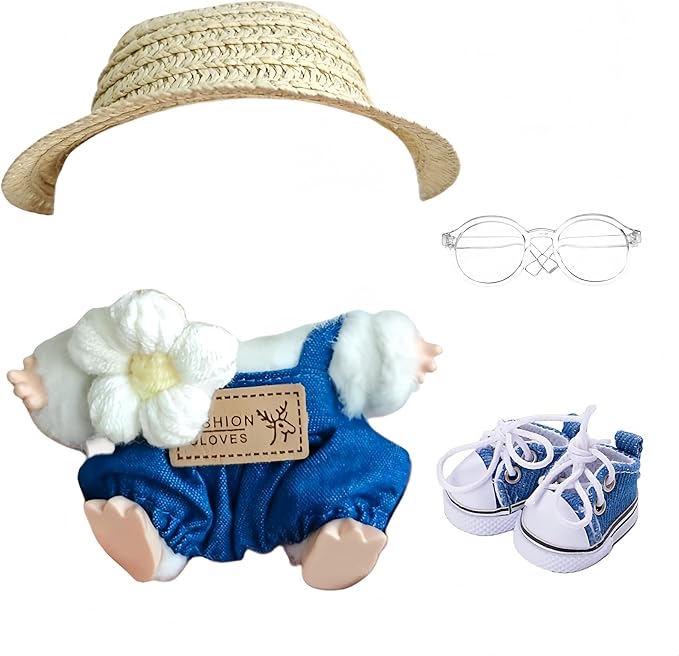 Designer Clothes for Doll, 17cm La Booboo Dolls Demin Overalls Clothes, Cute Doll Outfit Accessories with Denim Overall, Flower Pin, Glasses, Shoes and Straw Hat, NZ002