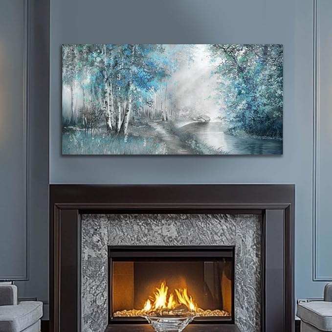 SOUGUAN Canvas Art Wall Decor Large Artwork for Wall Blue Wall Decor for Living Room Forest Pictures Botanical Prints Landscape Arts 24”x48”