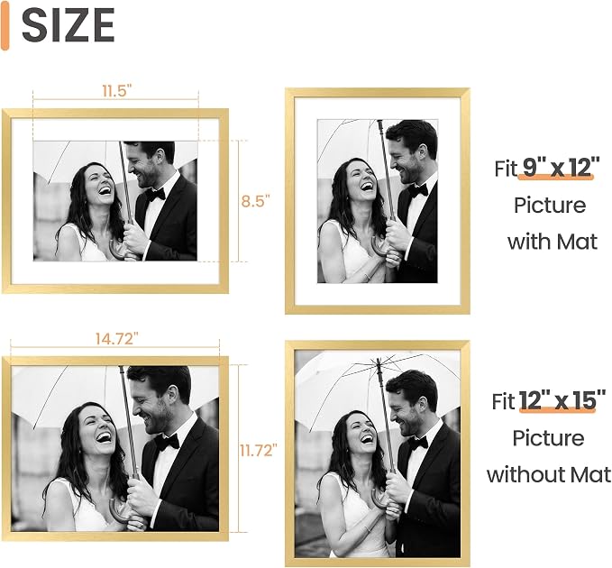 upsimples 12 x 15 Frame, Display Pictures 9x12 with Mat or 12x15 Without, Wall Hanging Photo Frame, Gold, 1 Pack