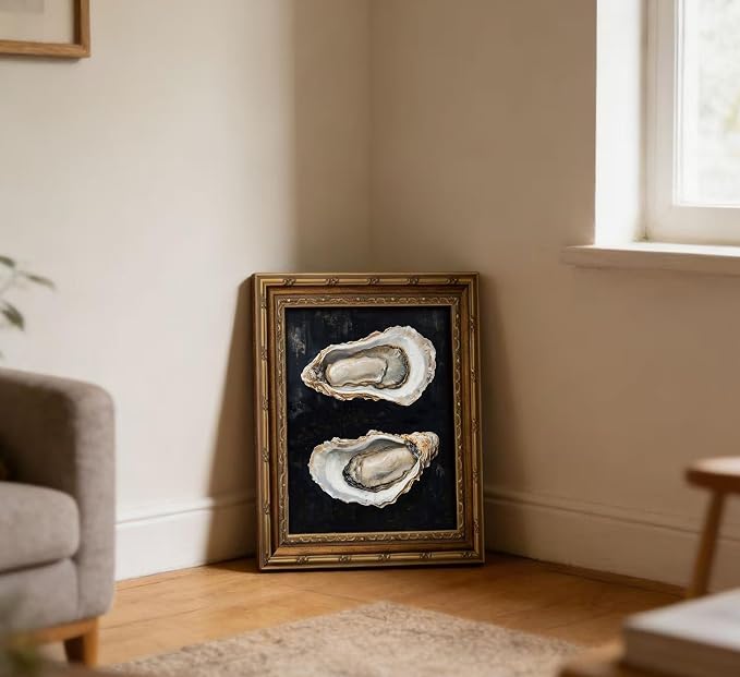 Vintage Gold Framed Oyster Wall Art Dark Moody Seafood Shell Shel Painting Canvas Print Black Background Seafood Still Life Picture Wall Decor Oyster Paintings Poster Artwor for Kitchen Dining