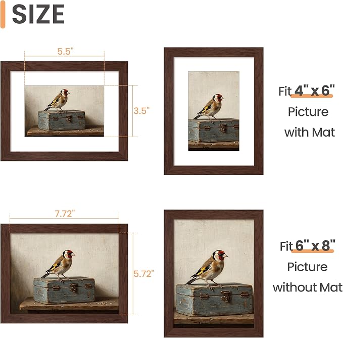 upsimples 6x8 Picture Frame, Display Pictures 3.5x5.5 with Mat or 6x8 Without Mat, Wall Hanging Photo Frame, Brown, 1 Pack