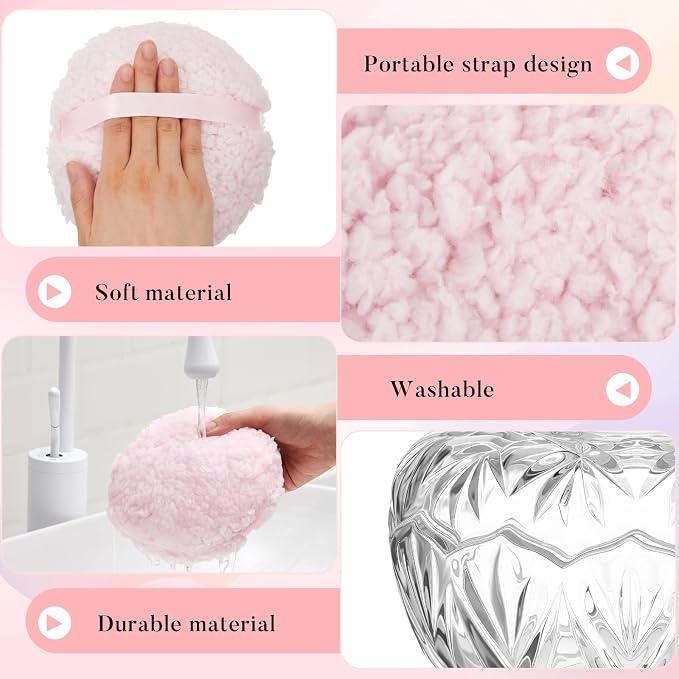 Tioncy 2 Pcs Extra Large Dusting Powder Puff and Container for Women-6'' Glass Crystal Dusting Powder Container with Body Soft Washable Reusable Velour Face(Clear,Pumpkin)