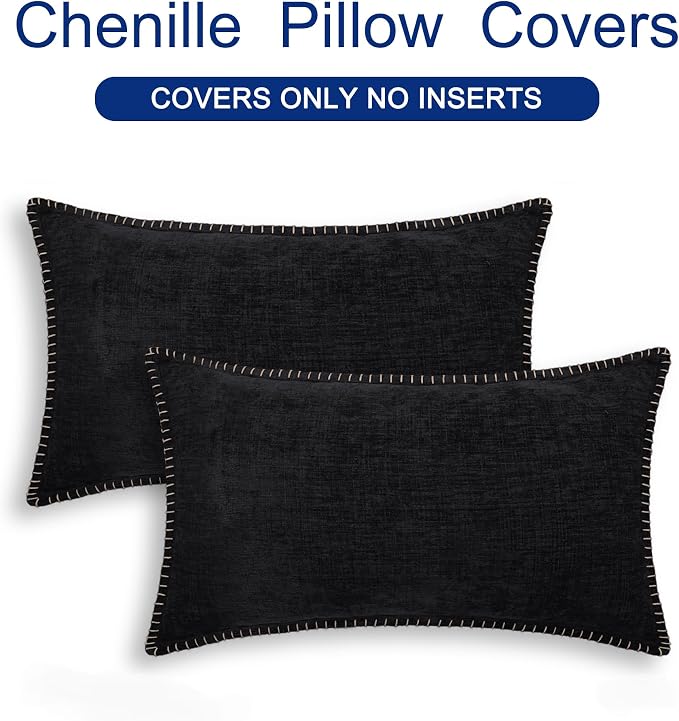 CaliTime Decorative Couch Throw Pillow Covers 20 X 12 Inches Black | Pack of 2, Cozy Chenille Cushion Cases, Cotton Thread Stitching Edges, for Sofa Bed Living Room Farmhouse