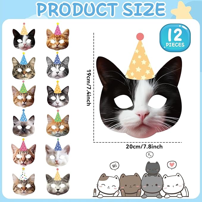 12 Pieces Cat Birthday Party Decoration Masks Cat Favors Kitten Party Kitten Decoration Masks Facial Cats Theme Cats Supplies for Birthday Kids' Dress Up & Pretend Play Supplies