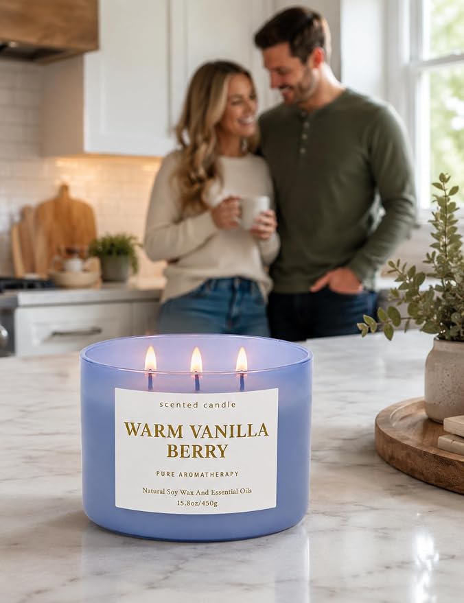Warm Vanilla Berry 3-Wick Soy Candle, 15.8 oz Scented Candle for Home | Strawberry, Raspberry & Spice, Aromatherapy Relaxing, Highly Scented, Clean Burn, Summer & Fall Candle, Gift for Women & Men