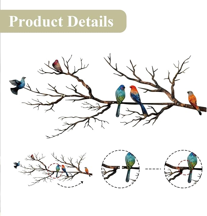 ESTART Metal Birds Wall Art, Metal Vivid Birds on Branch Silhouette Wall Decor Black Leaves with Bird Outdoor Hanging Wall Sculpture for Home Balcony Garden (Classic Color, Large)